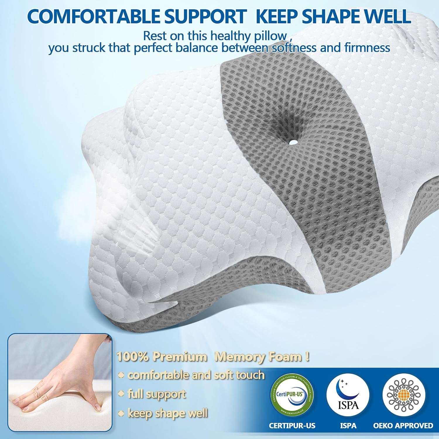 Memory Foam Pillows, Cervical Pillow for Neck and Shoulder Pain Relief, Ergonomic Contour Bed Pillow, Soft for Side Sleep Stomach Sleeping and Back Sleeper-Queen Size&Grey