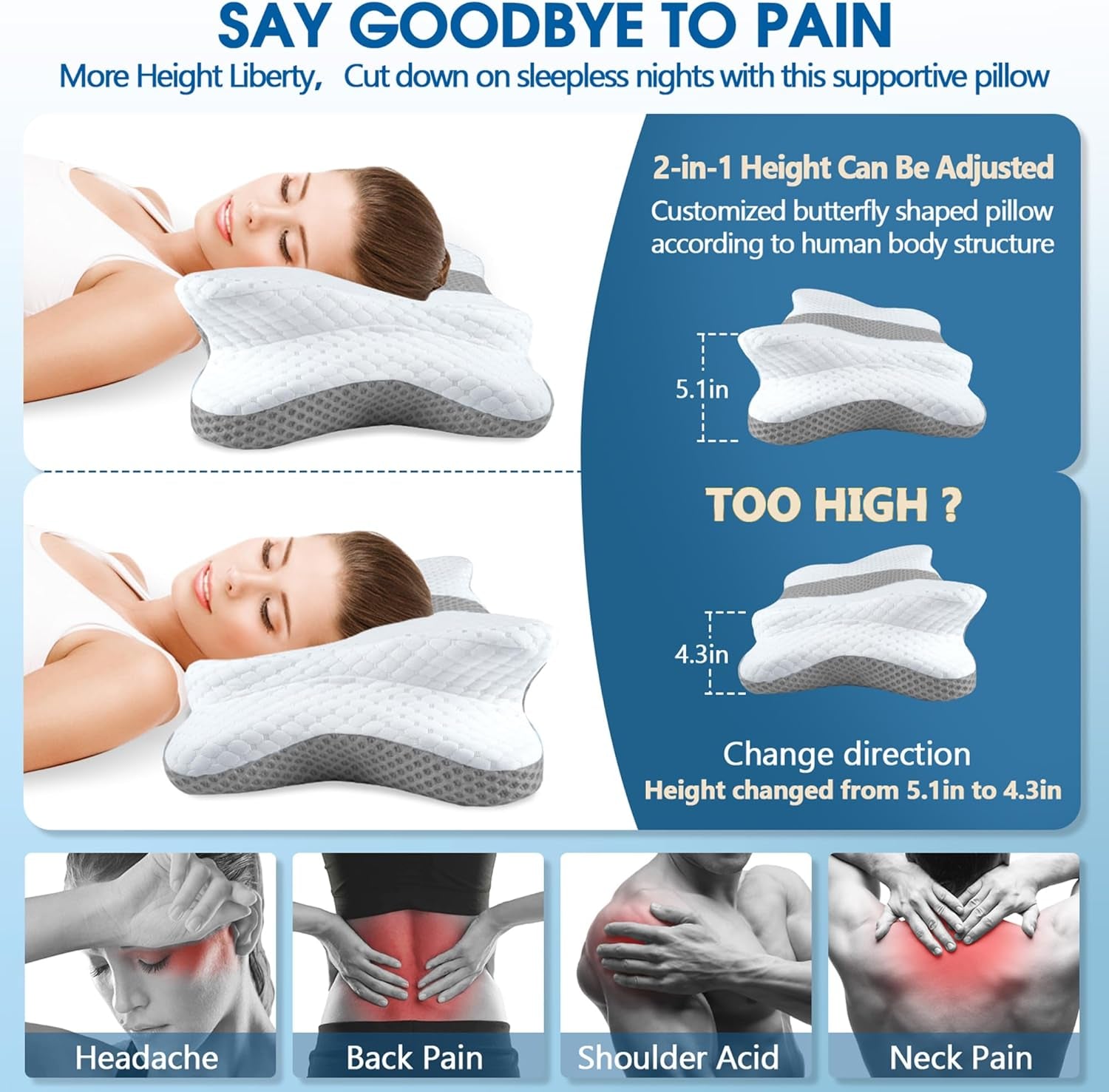 Memory Foam Pillows, Cervical Pillow for Neck and Shoulder Pain Relief, Ergonomic Contour Bed Pillow, Soft for Side Sleep Stomach Sleeping and Back Sleeper-Queen Size&Grey