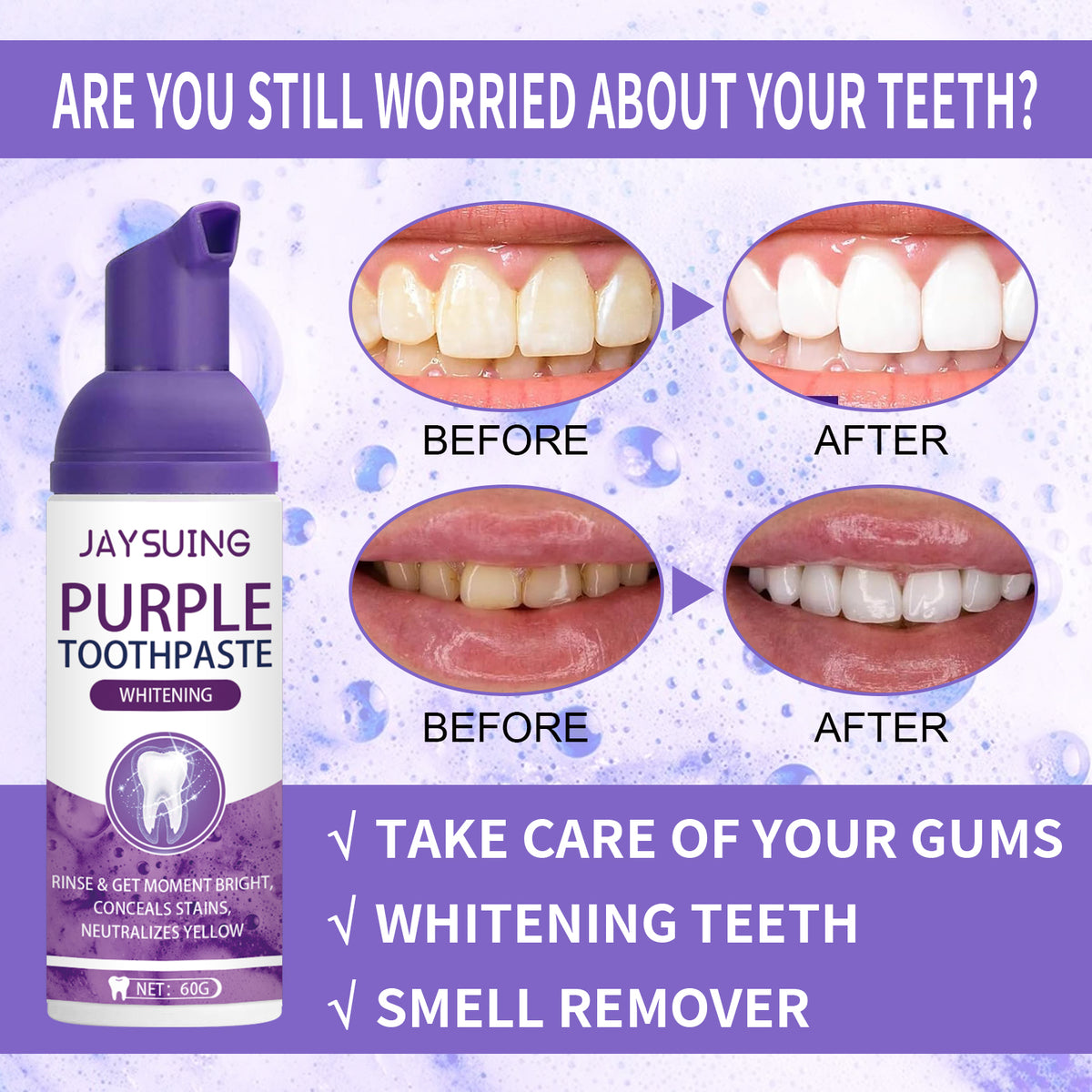 Revitalize Your Smile with Jaysuing Purple Tooth Whitening Toothpaste - Brighten Teeth, Eliminate Stains, and Freshen Breath!